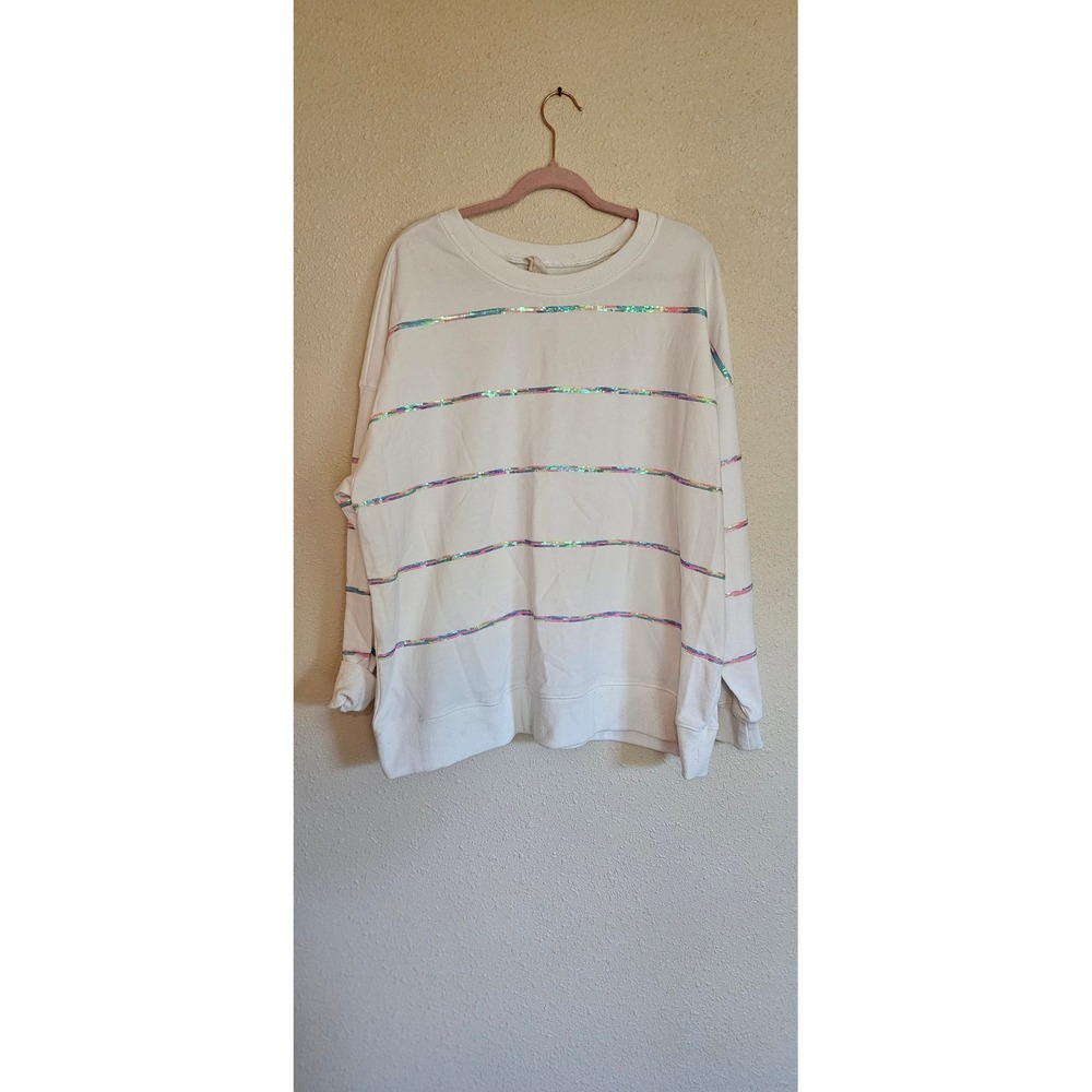 Fantastic Fawn Womens White Rainbow Sequin Stripe Oversized Sweatshirt Medium